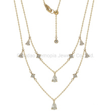 925 Silver Brass 10K 14K 18K Gold Double Chain Necklace with Pear Shape Stone Fashion Jewelry